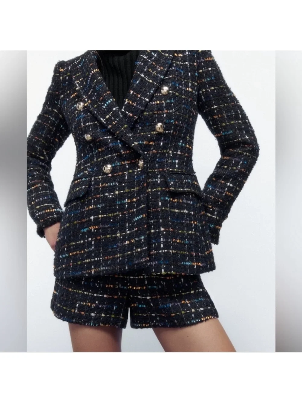 ZARA 2 PIECES MATCHING  SET DOUBLE BREASTED TWEED BLAZER AND SHORTS